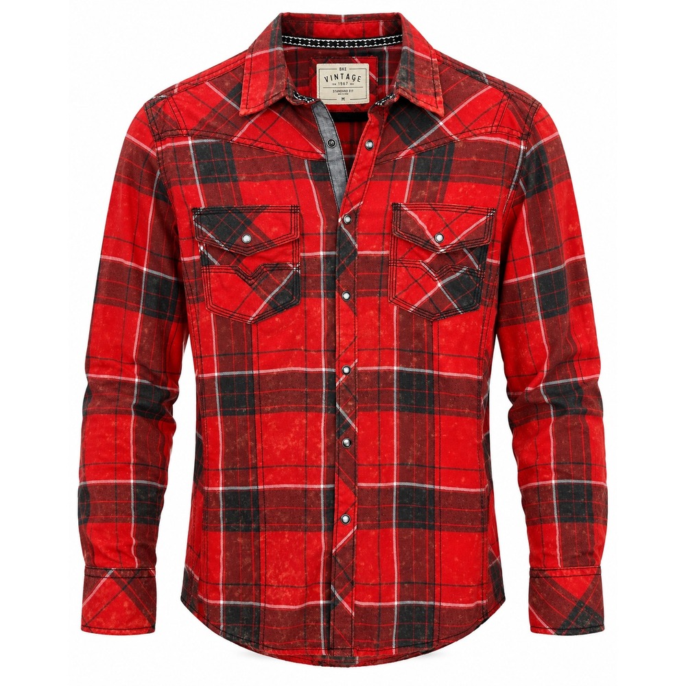 BKE Standard Fit Men's Red & Black Plaid Pearl Snap Shirt W/ Pockets Size Medium